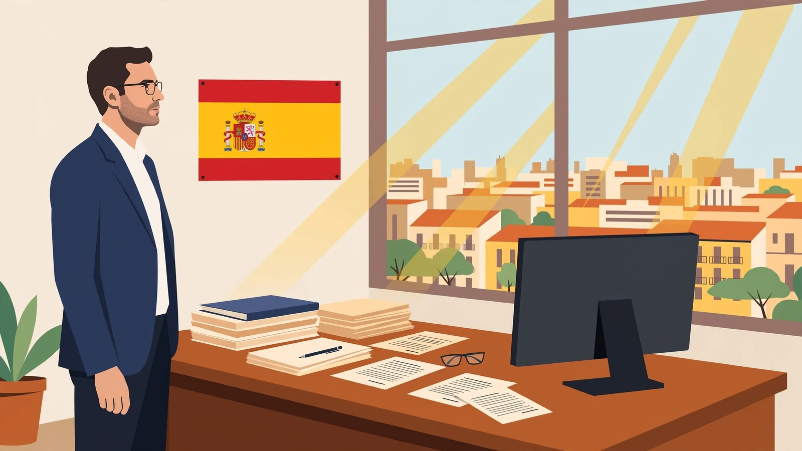 Abogado español en oficina con documentos legales
