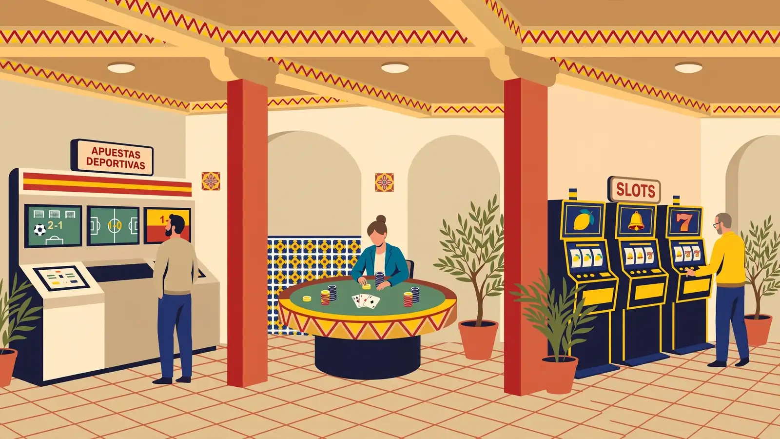 Zona de apuestas, póker y tragamonedas en un casino español.