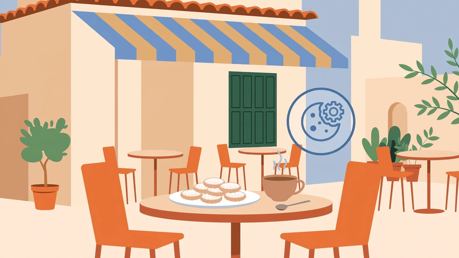 Terraza de café española con galletas y café bajo luz matutina