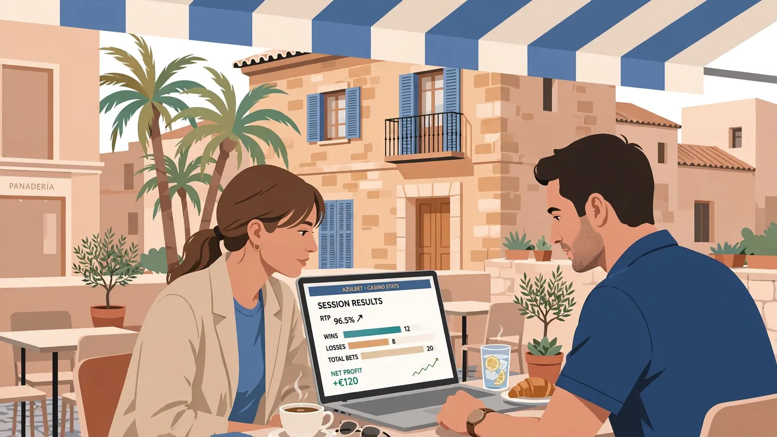 Pareja revisando casino en laptop en terraza española